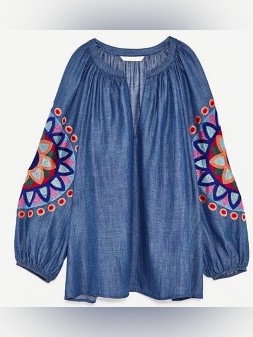 ZARA NWT Artsy Boho Hippie-Chic Vibrant Embroidered Balloon SLV Chambray Top M